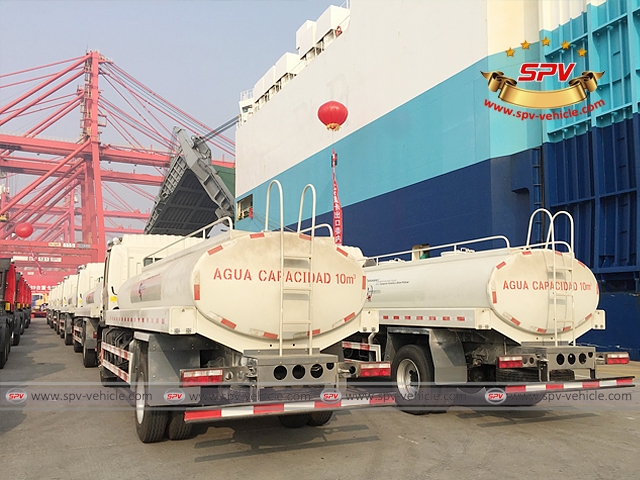 50 units of water tankers are parked on the port yard, just besides the vessel